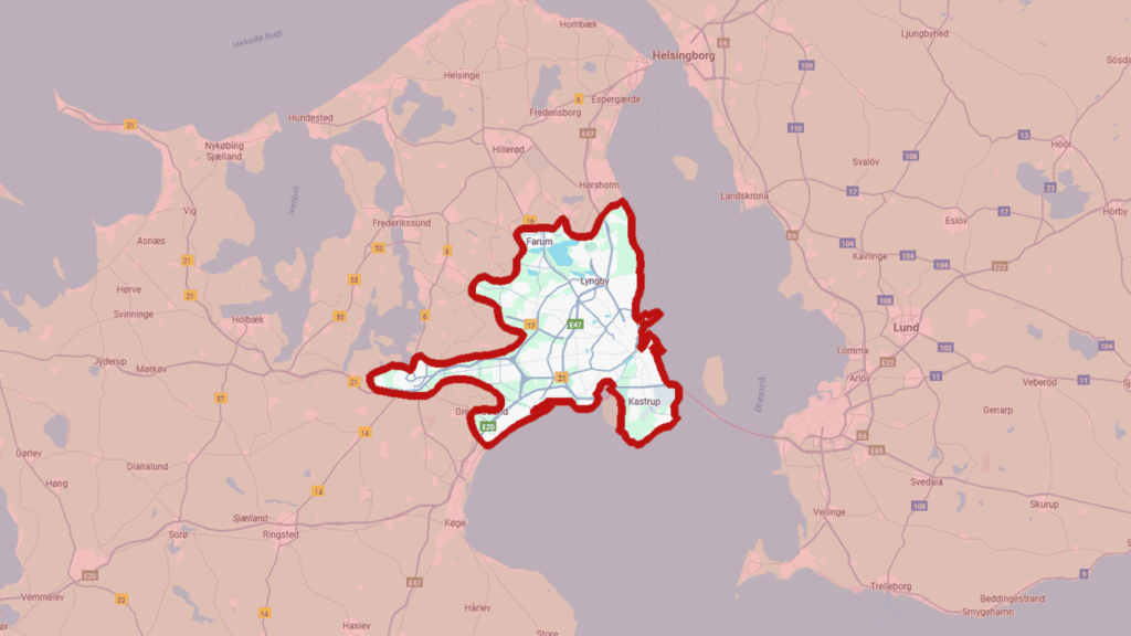 Kort over serviceområde. Bl.a. Kastrup, Roskilde, Farum, Charlottenlund, København mm.